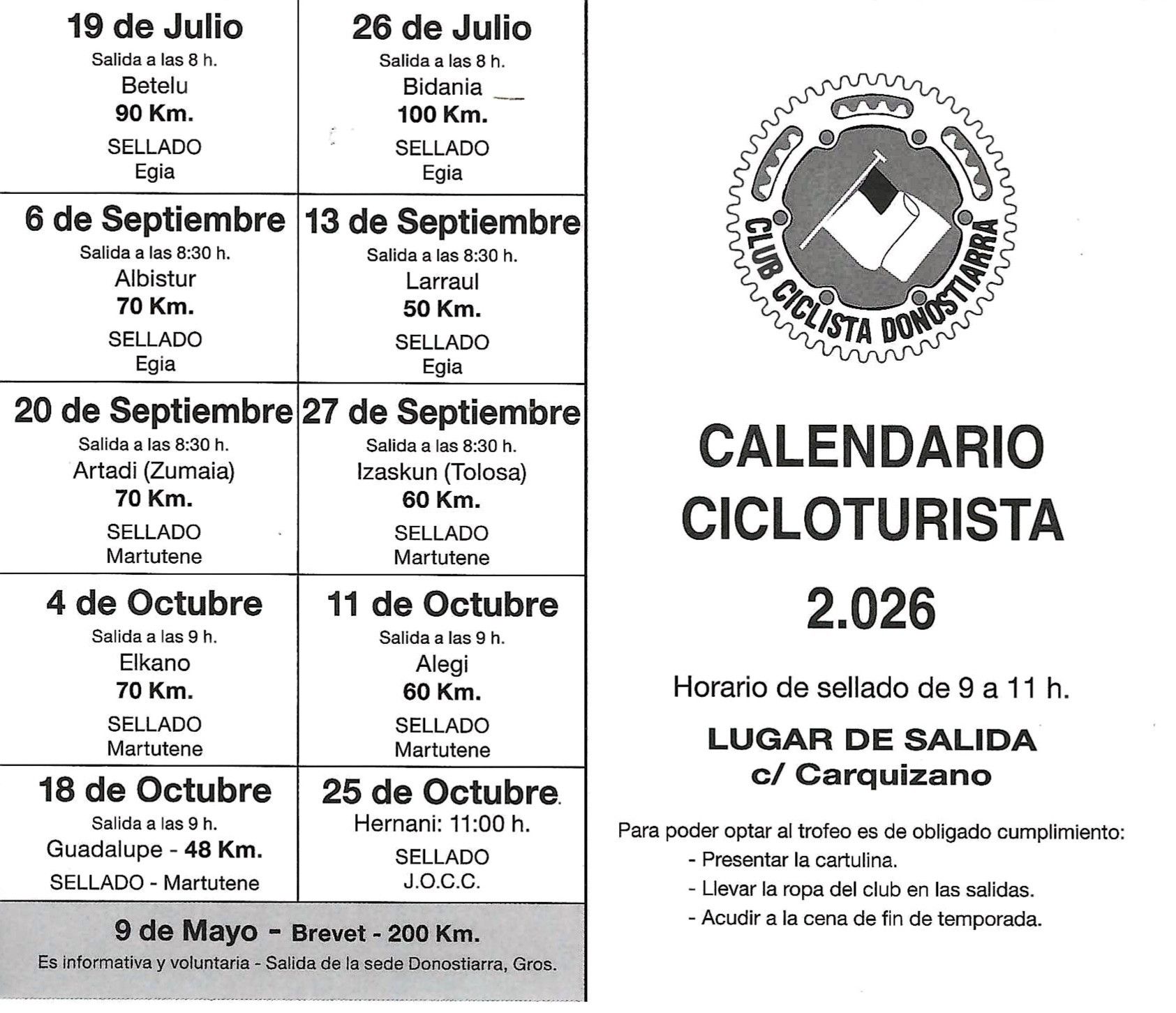 Calendario social del CC Donostiarra